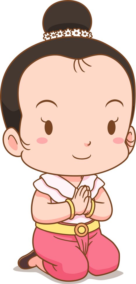 Cartoon Thai girl in traditional costume, putting hands together for Sawasdee.